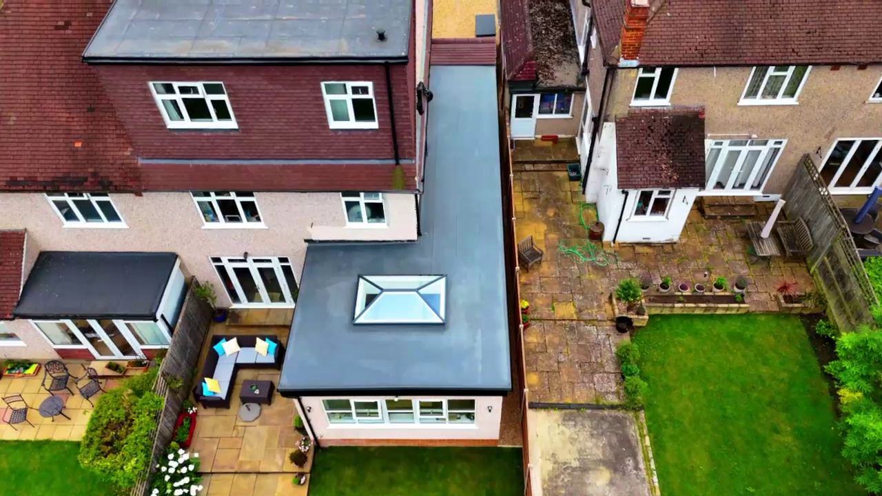 Aerial view of the finished single storey rear extension and its roof lantern